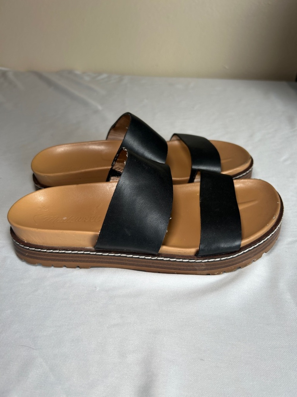 Madewell The Charley Double Strap Leather Slip On Black Sandals Size 5.5